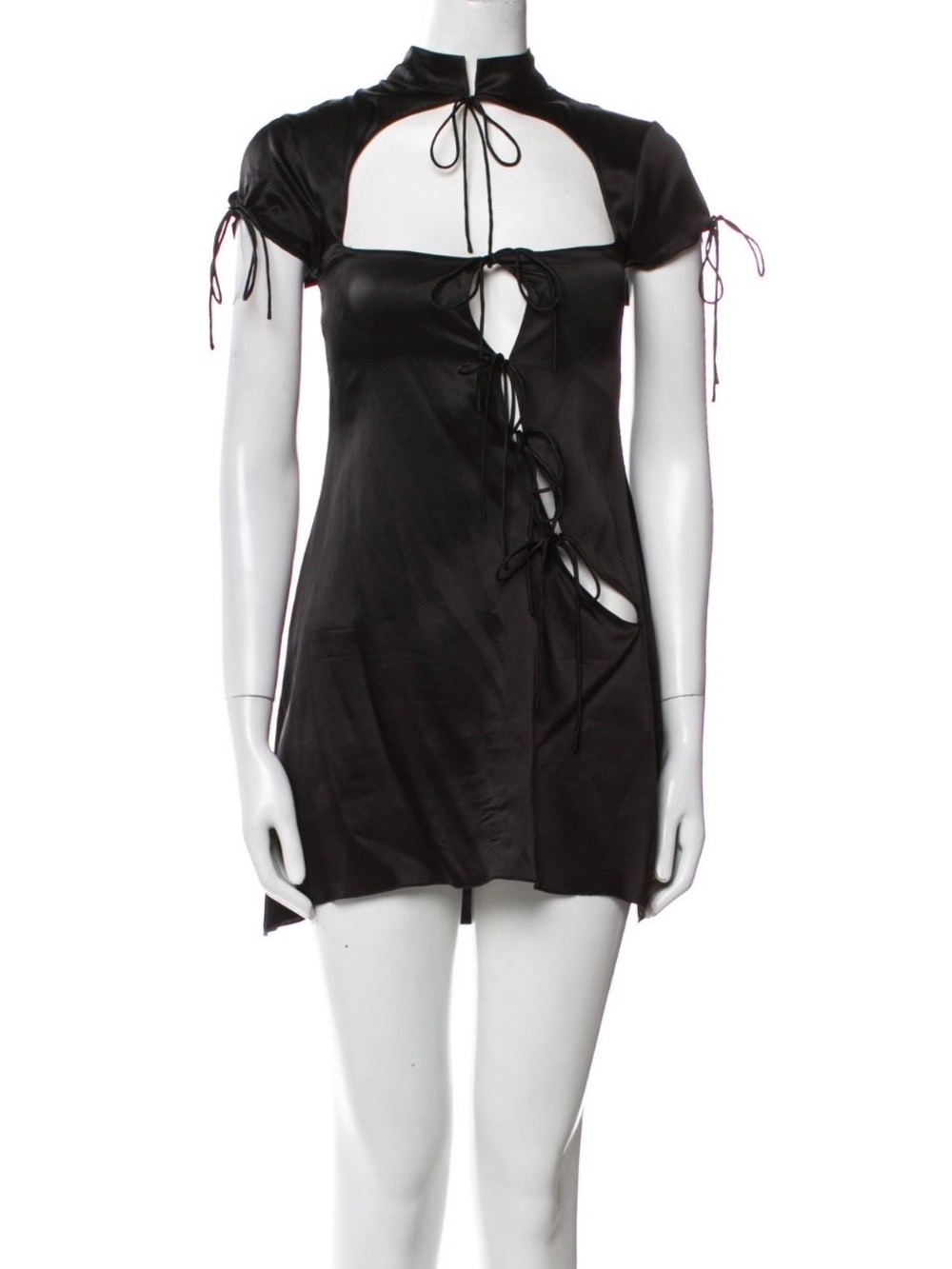 Danielle Guizio Black Satin Mini Dress with Cutouts and Tie Details